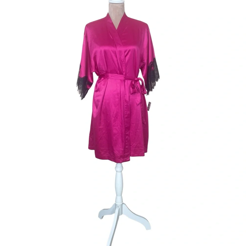 INC International Concepts Satin Robe with Black Lace Detail NWT